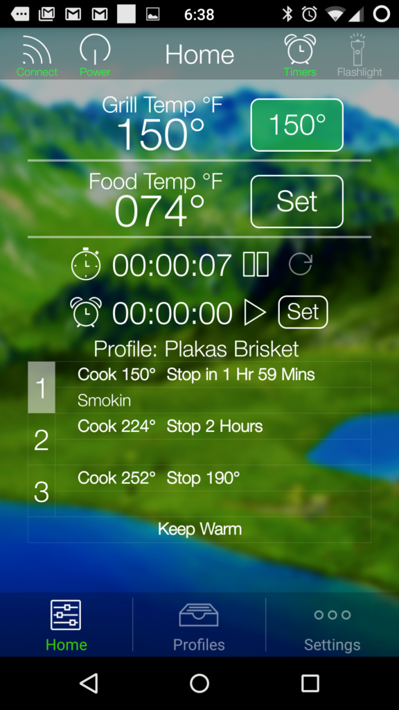Screenshot from Green Mountain Grill Pellet Smoker Android App
