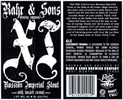 Label for Rahr & Sons - XI 11th Anniversary Russian Imperial Stout