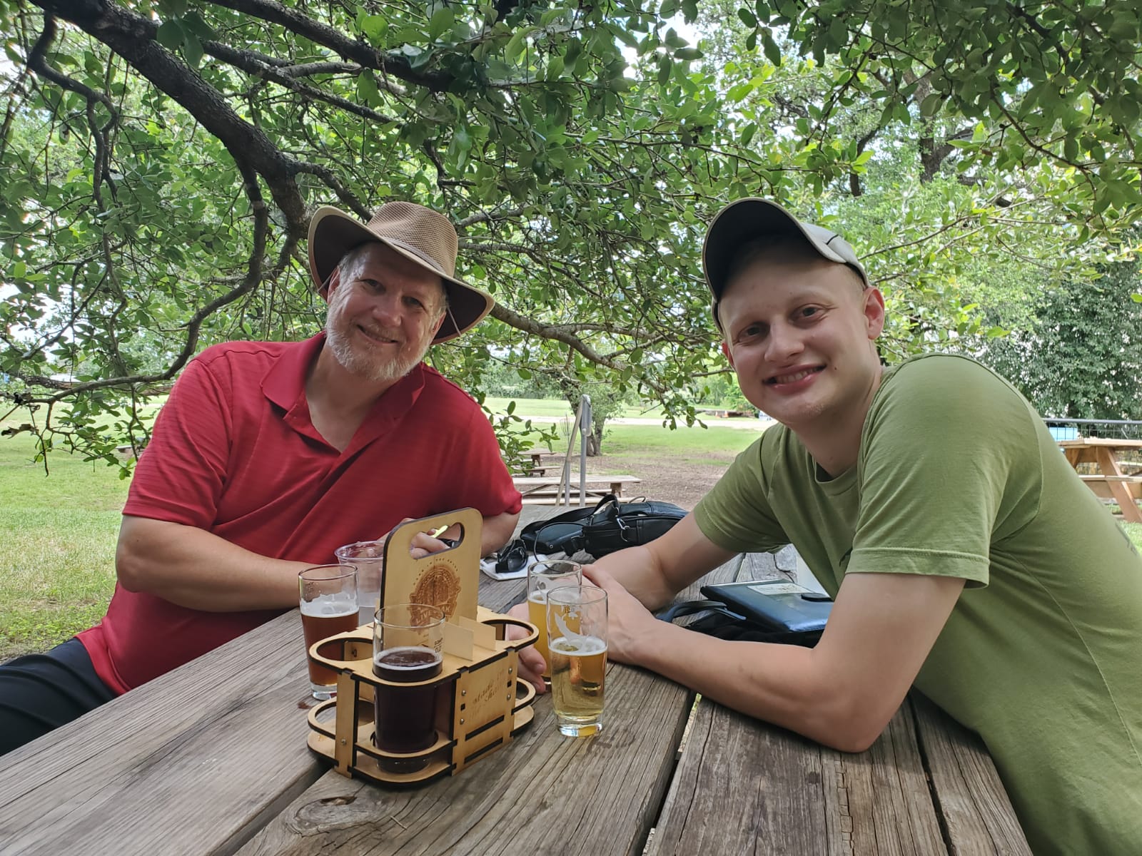 Brewery Travels (Joel Geier) with his father Greg at the Live Oak Brewing beer garden
